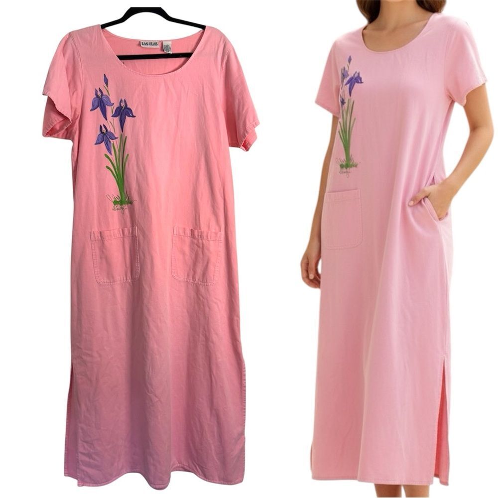 Las Olas Vintage 90’s Pink Floral Cotton Embroidered Maxi Dress Size Large